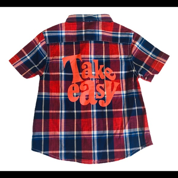 NWT GUESS Soul Print Plaid Button Down Shirt With Cap Sleeves Red/Navy Blue 2Y - Picture 6 of 8